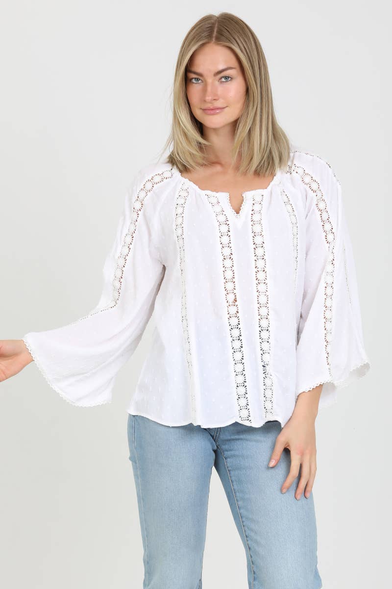 FLARE BELL SLEEVE LACE INSET V NECK TOP