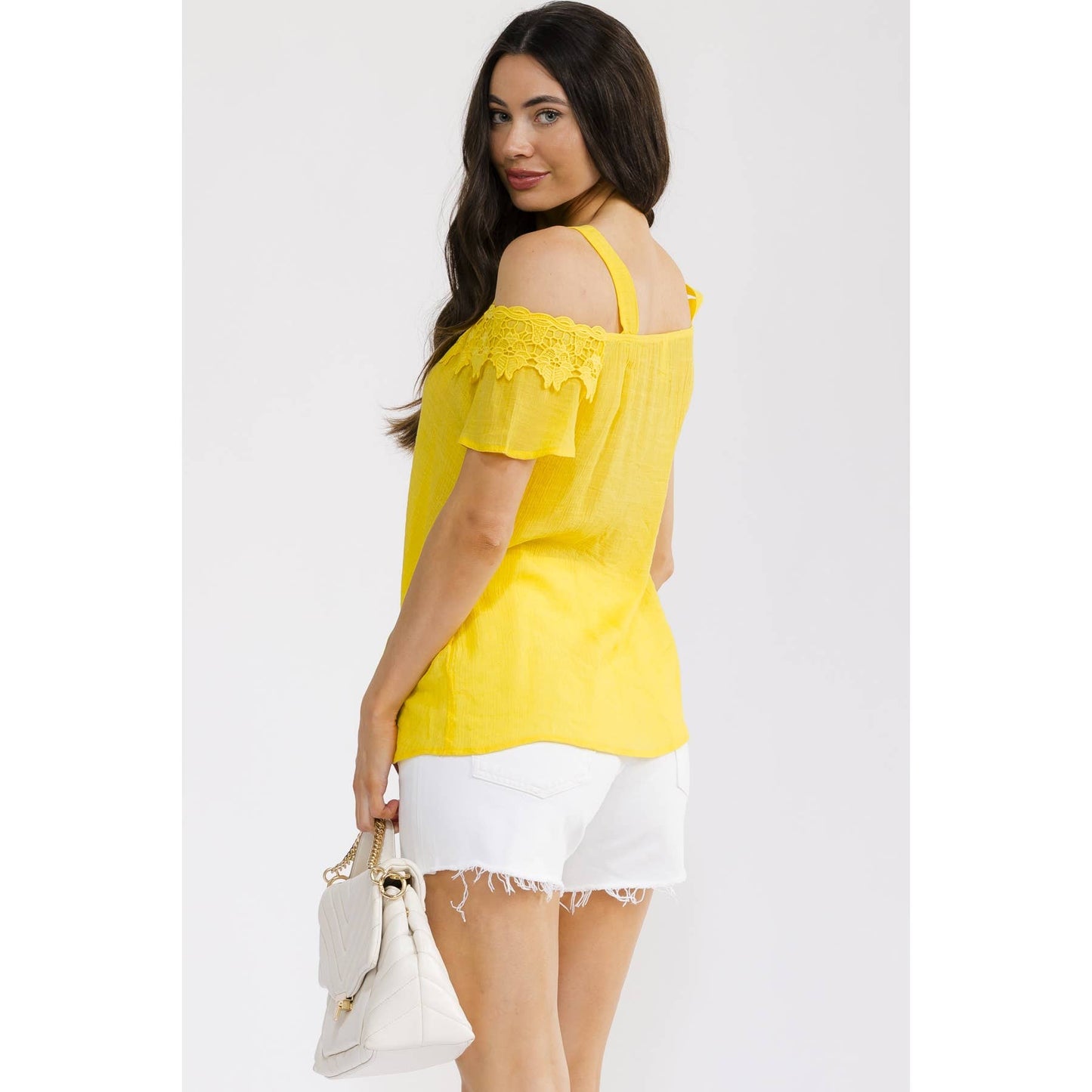 CROCHET TRIM COLD SHOULDER BLOUSE