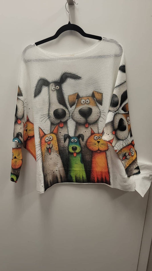 Dogs Cats Round Neck Knit Printed Sweater LOOWIE