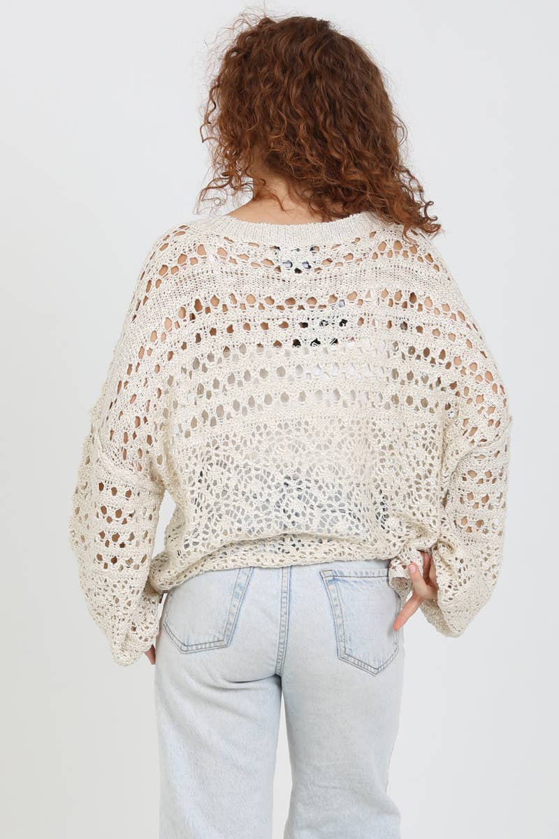 OPEN KNIT V NECK PULLOVER SWEATER