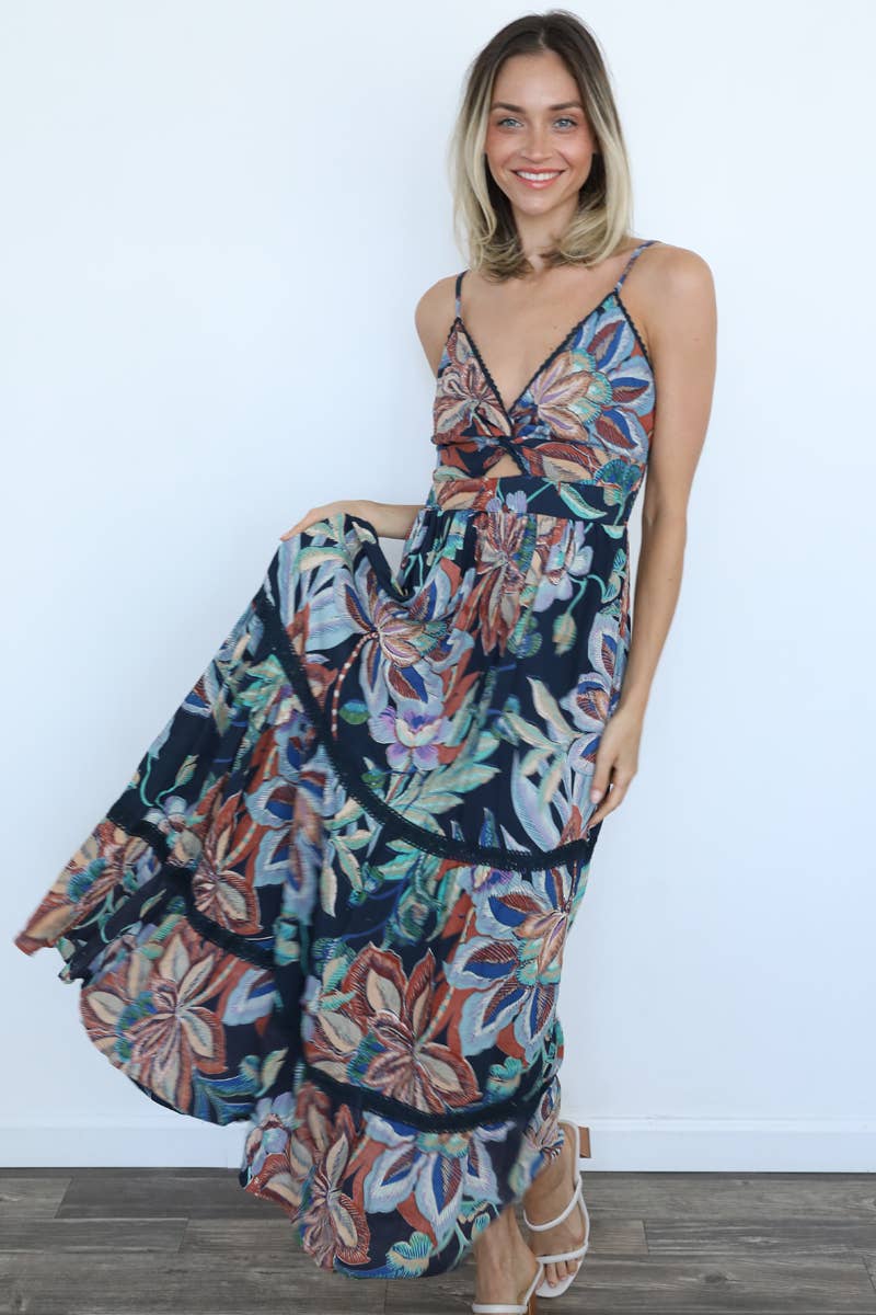 V NECK TWIST FRONT CUT OUT MAXI DRESS