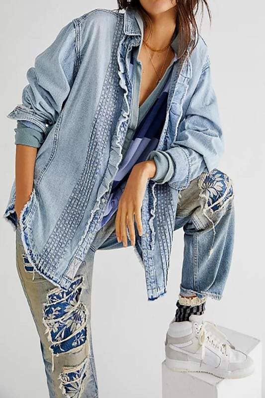 Ruffled Pintuck Denim Shirt