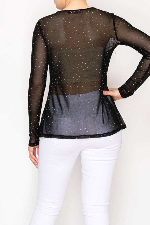Sparkly Long Sleeve Sheer Mesh Top