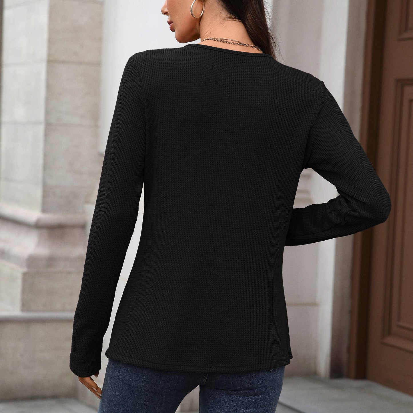 Round Neck Button Loose Long Sleeve Henley Top