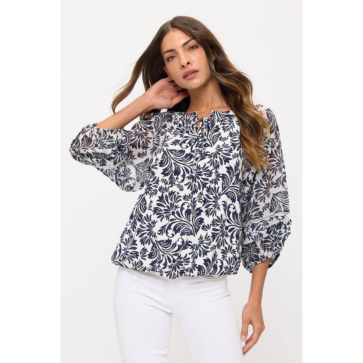 FLORAL MIX MEDIA LATTICE DETAIL BUBBLE HEM PEASANT