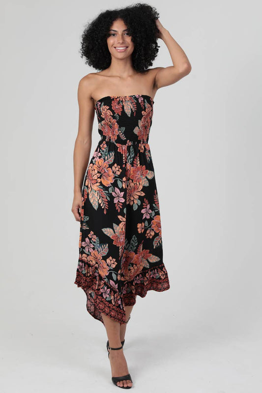 SMOCKED BODICE STRAPLESS HANKY HEM JUMPSUIT