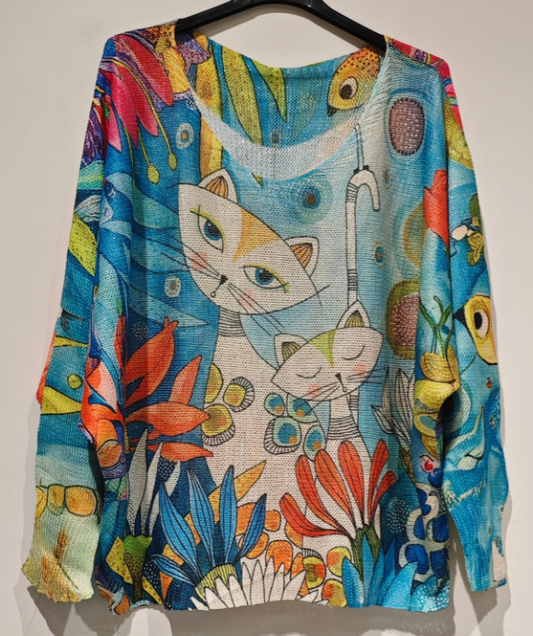 POCATL Lady Cats V- Neck Printed Sweater LOOWIE