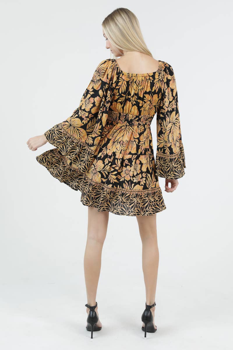 V NECK WIDE BELL SLEEVE PRINTED SHORT DRESS