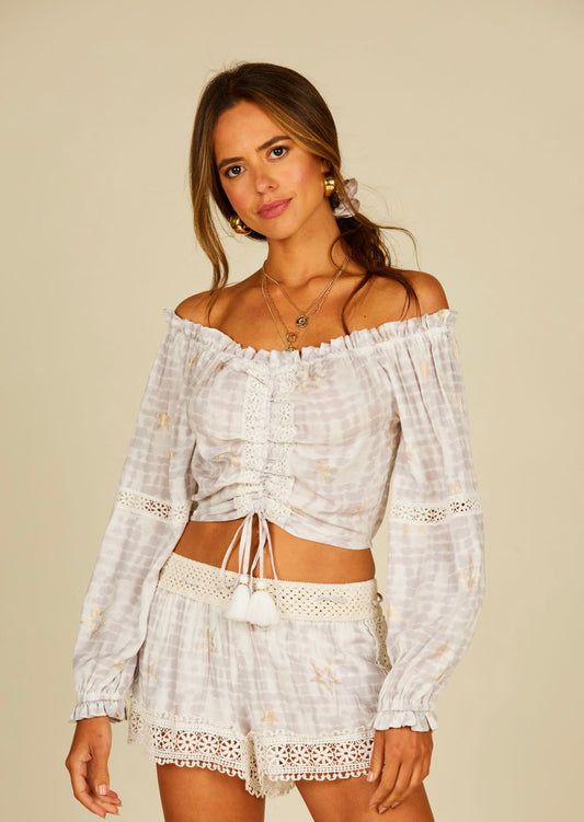 OFF SHOULDER TIE DYE CROP TOP WITH TIE WAIST