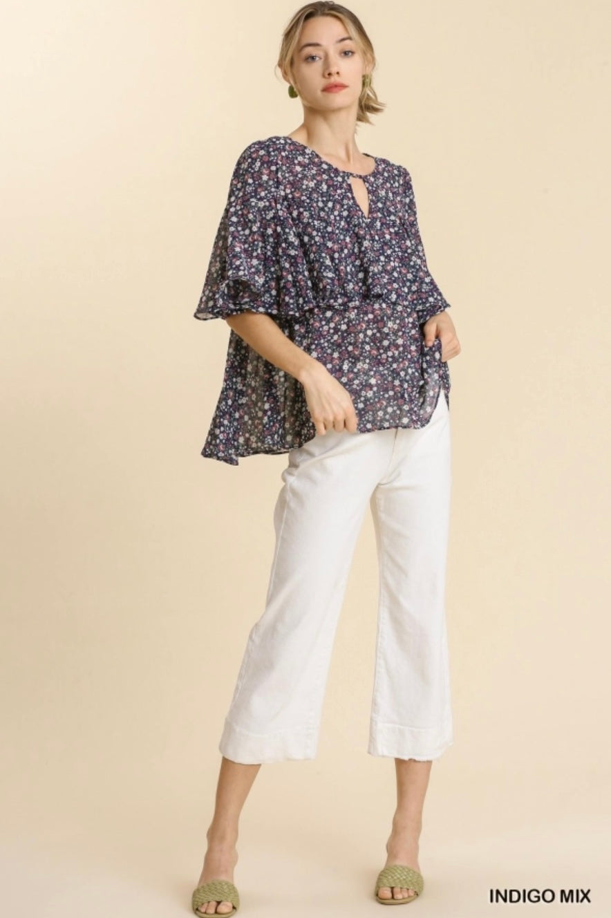 NAVY FLORAL MIX  TOP WITH RUFFLE
