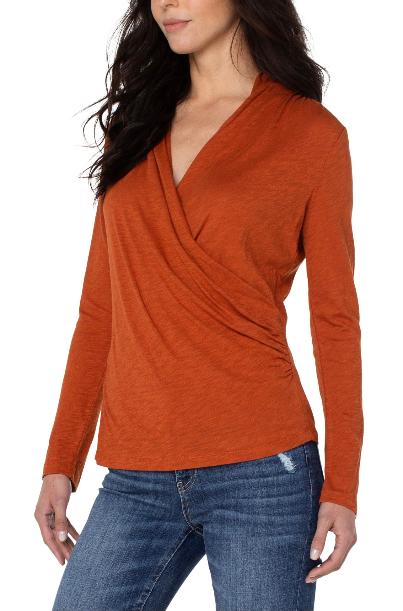 LIVERPOOL LONG SLV FRONT WRAP SLUB KNIT TOP