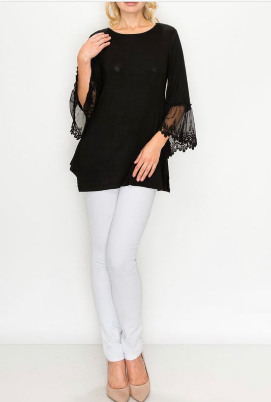 BLACK TUNIC TOP WITH LACE ON SLEEVES