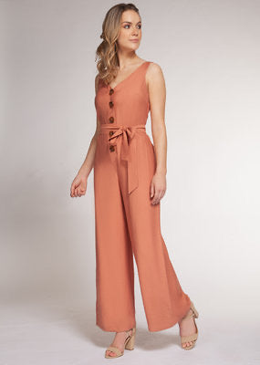 DEX V-NECK JUMPSUIT WITH BUTTON FRONT AND TIE